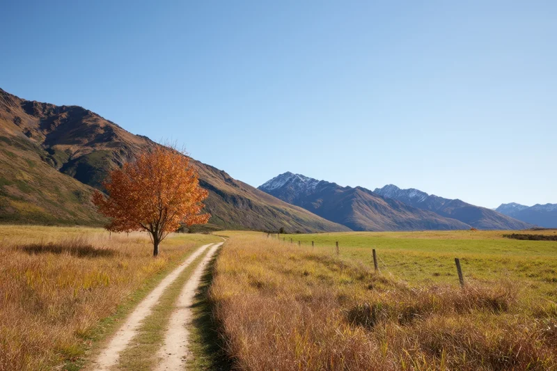 Dirt path winding through a grassy field beside a lone orange tree with mountains in the background