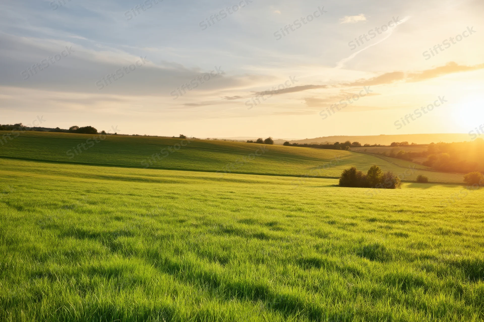 Rolling green fields under a sunlit sky at sunset in the countryside