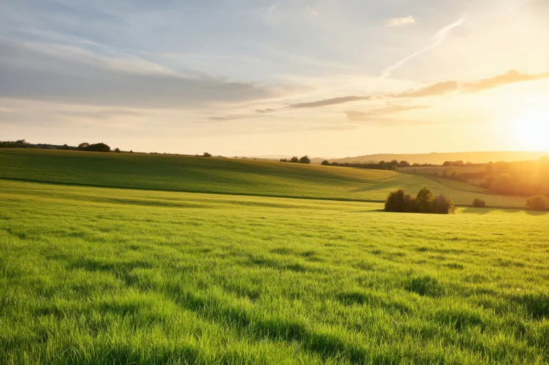Rolling green fields under a sunlit sky at sunset in the countryside