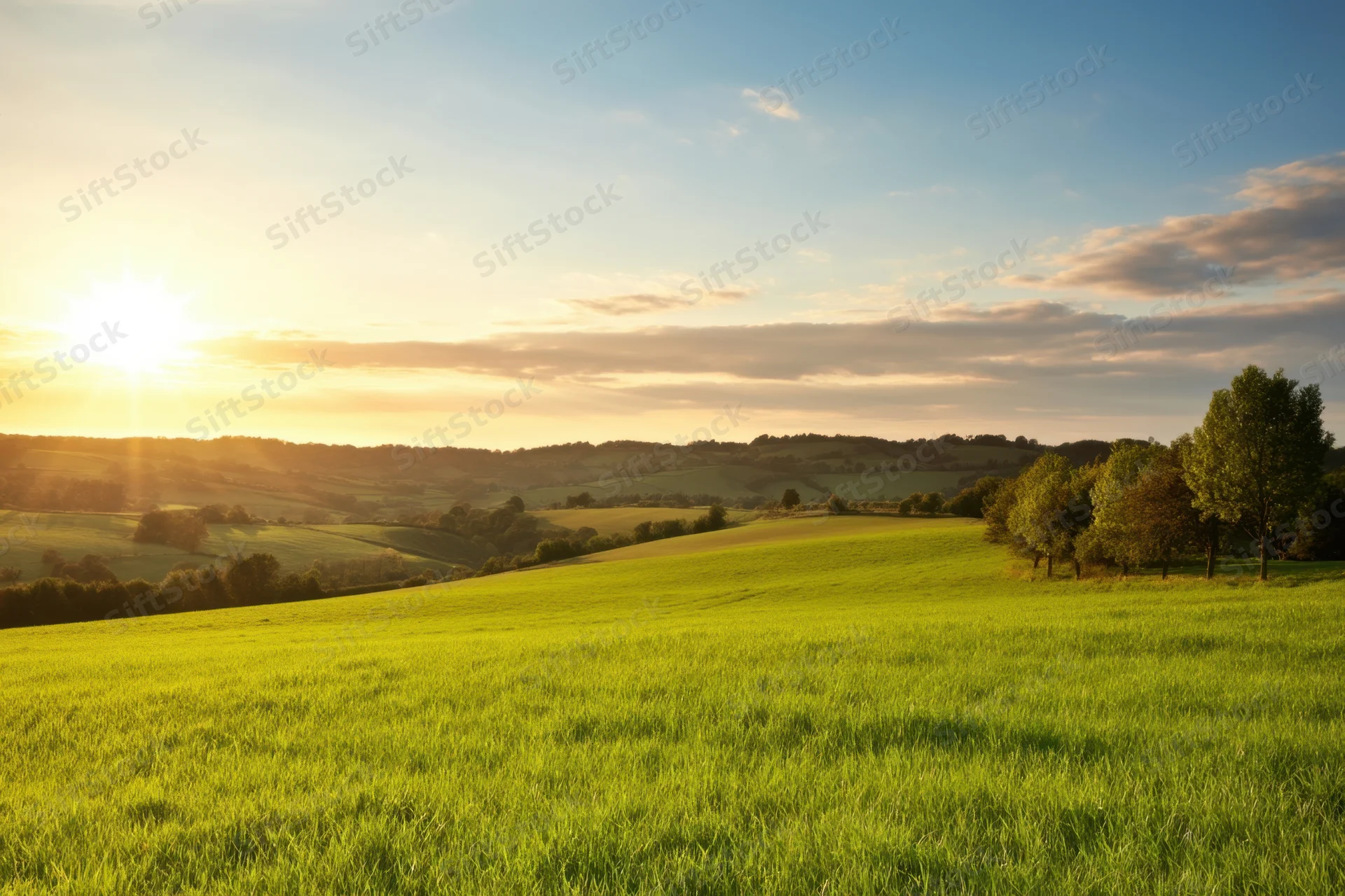 Sunlit green fields rolling across countryside at sunset