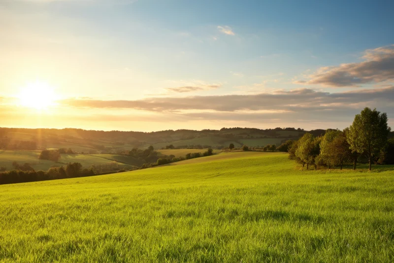 Sunlit green fields rolling across countryside at sunset