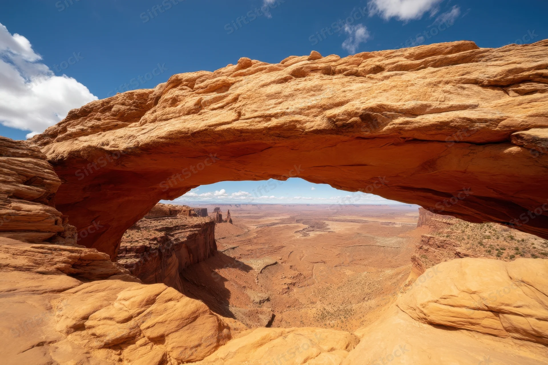 Natural sandstone arch framing a desert canyon landscape under a blue sky