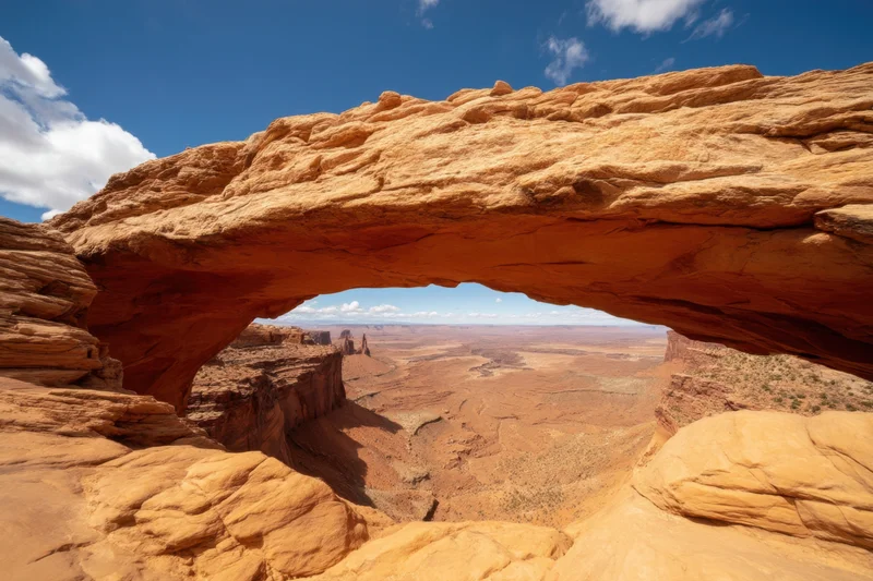 Natural sandstone arch framing a desert canyon landscape under a blue sky