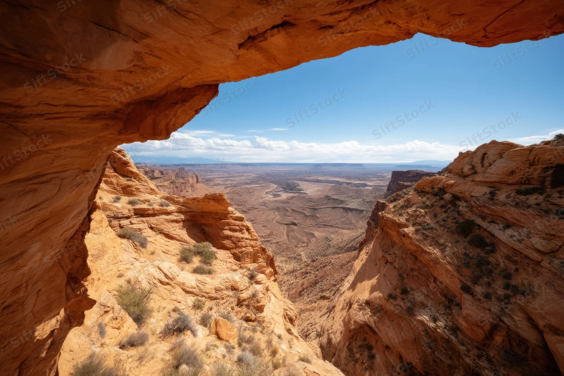 View from a natural sandstone arch overlooking a sunlit desert canyon landscape