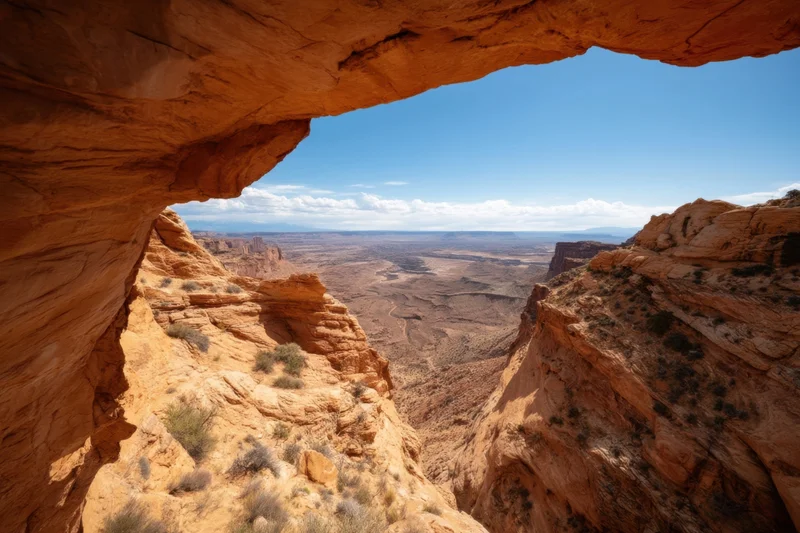 View from a natural sandstone arch overlooking a sunlit desert canyon landscape