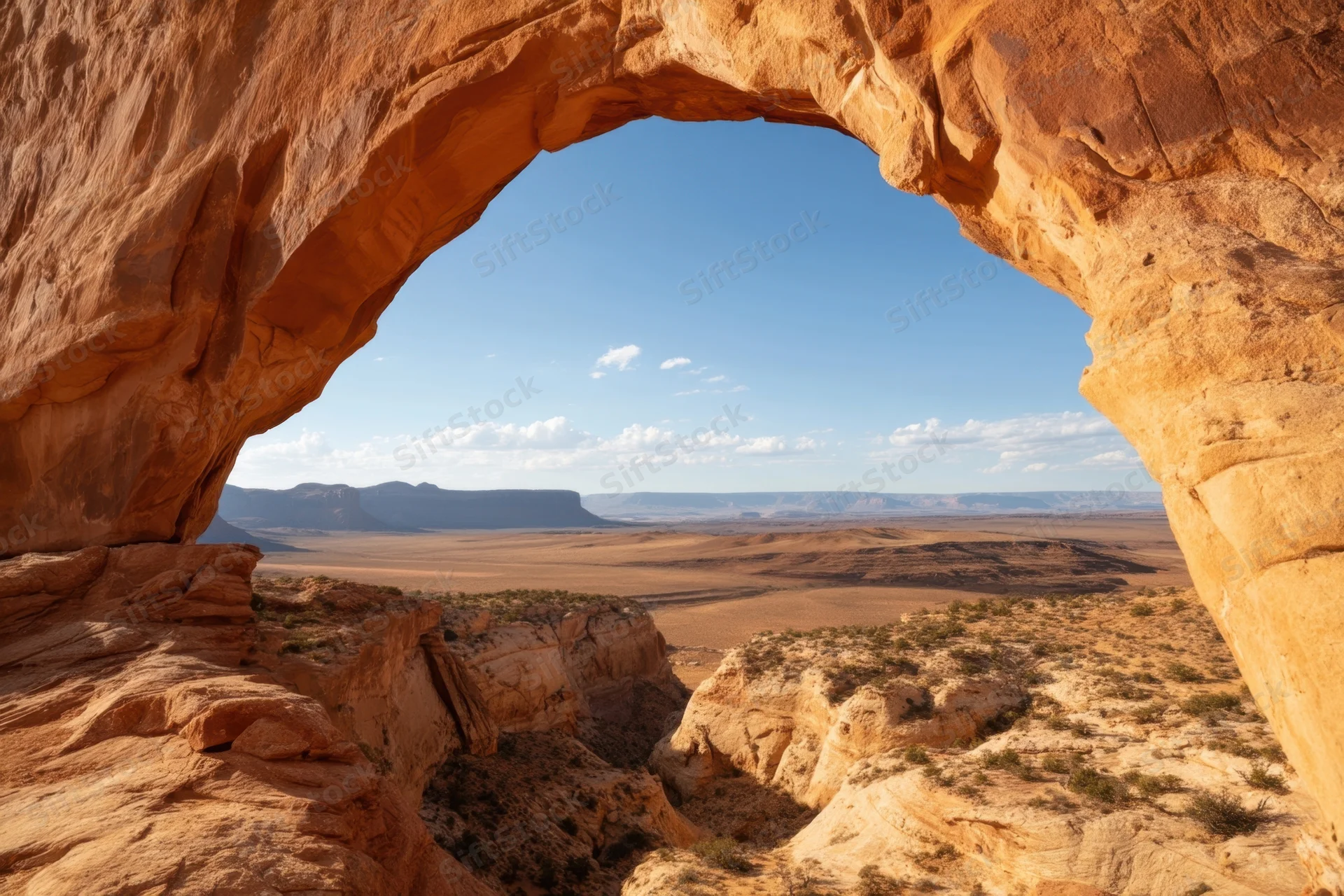 Natural sandstone arch framing a sunlit desert canyon landscape