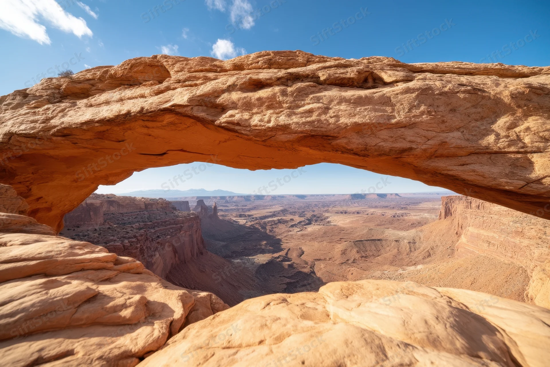 Natural sandstone arch framing a sunlit desert canyon landscape