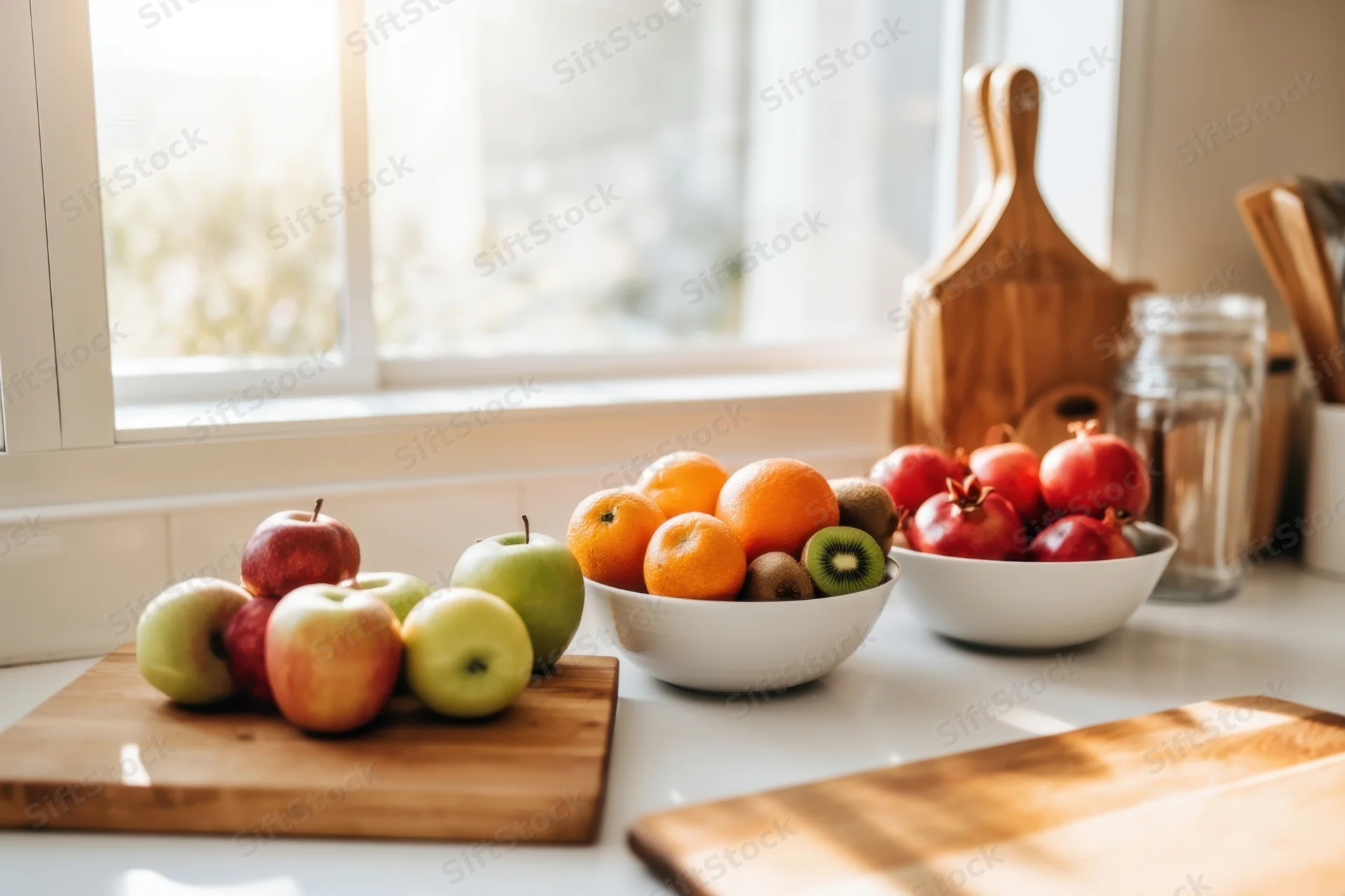 Assorted fruits in bowls and on cutting boards arranged on a sunlit kitchen counter