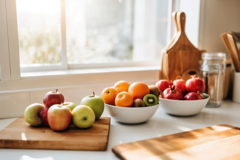 Assorted fruits in bowls and on cutting boards arranged on a sunlit kitchen counter