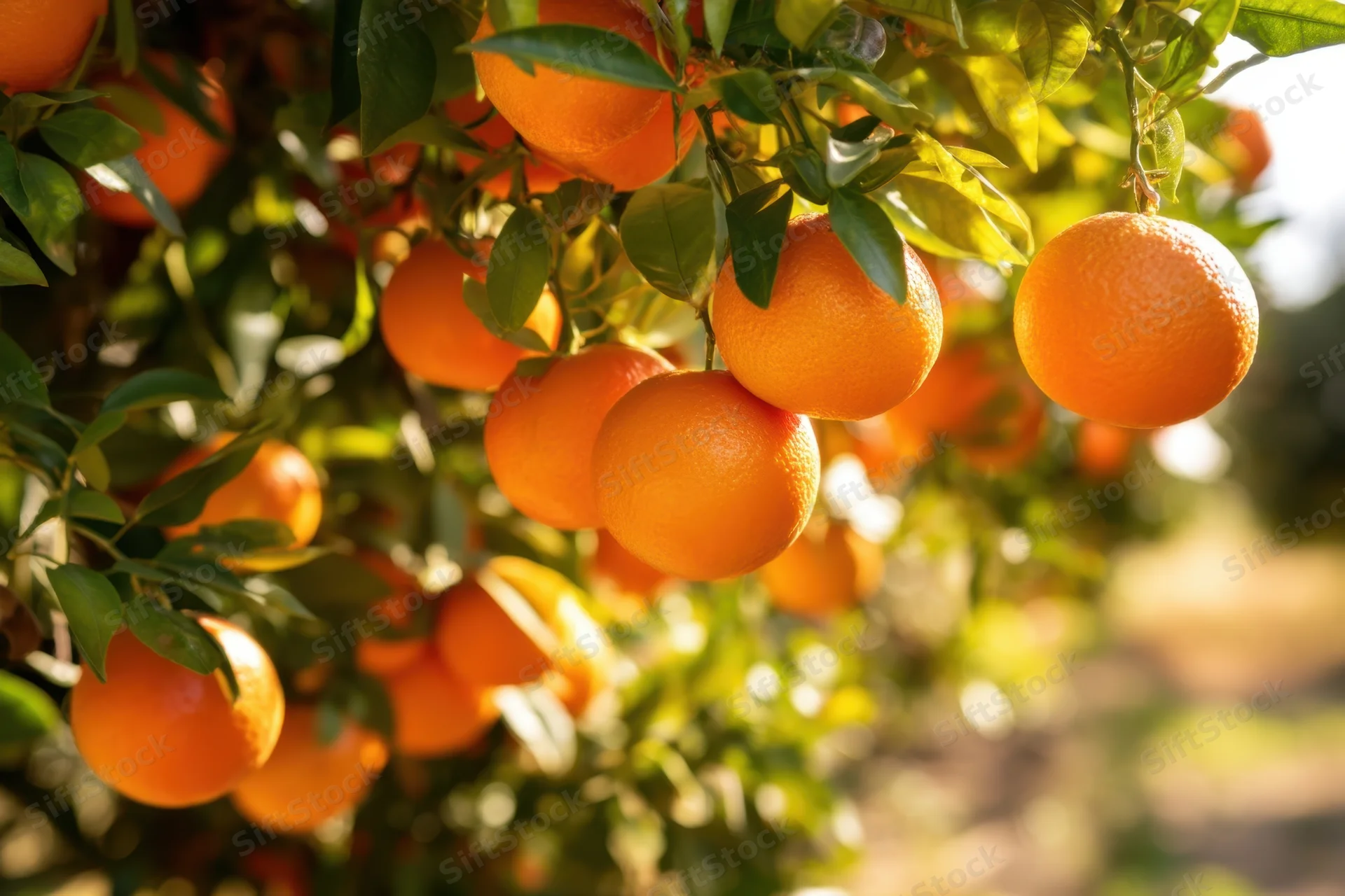 Ripe oranges hanging from a tree in a sunlit grove