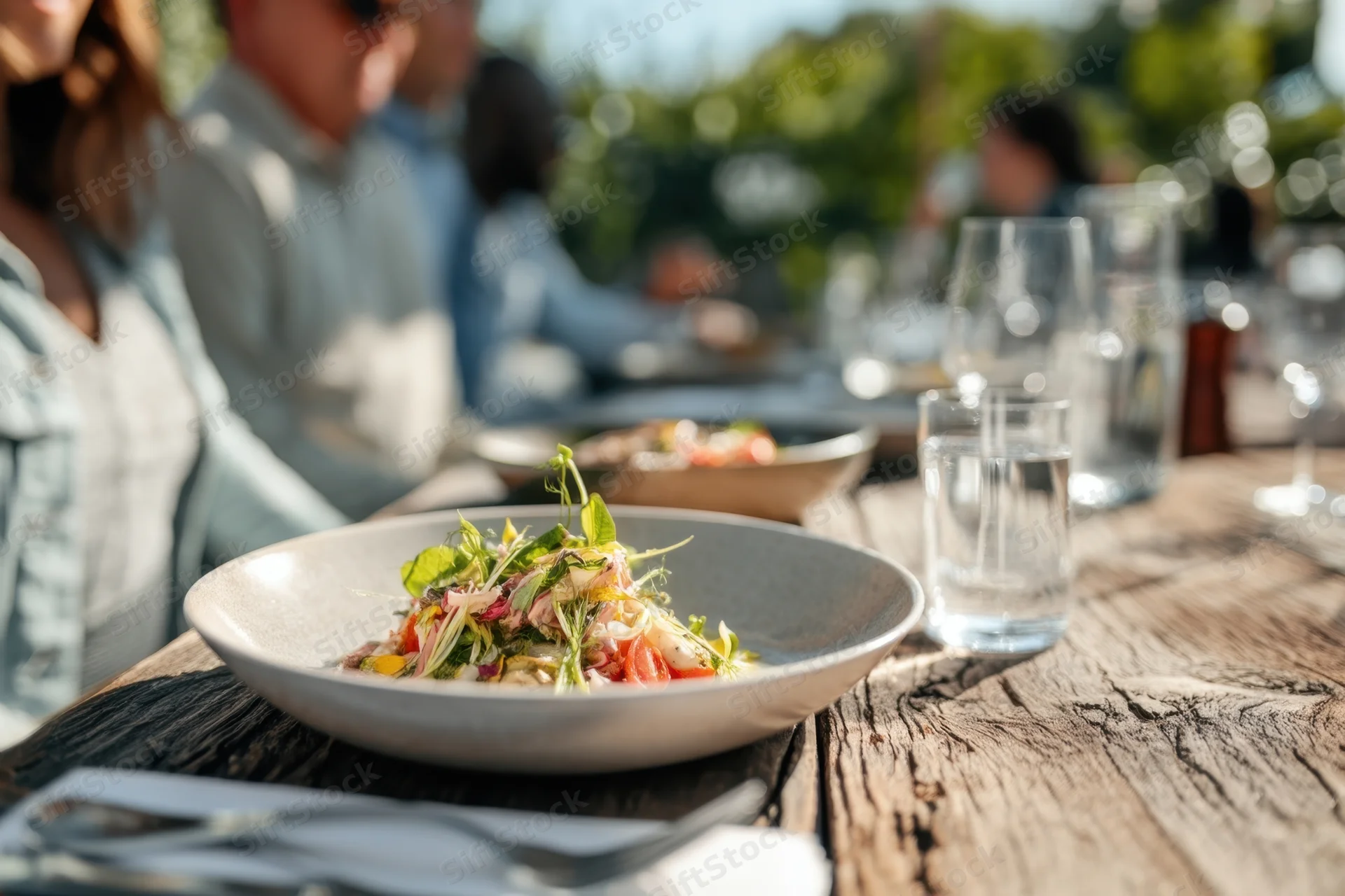 Salad served on a rustic wooden table outdoors with people dining in the background