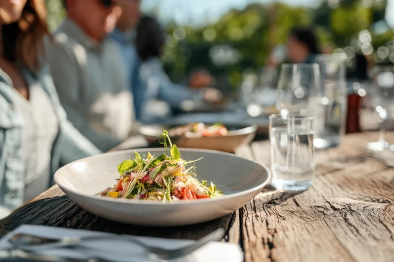 Salad served on a rustic wooden table outdoors with people dining in the background
