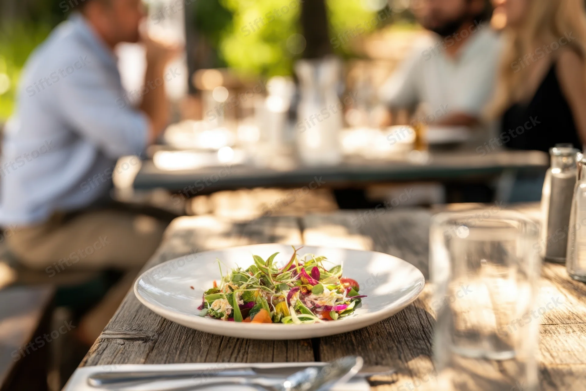 Salad served on white plate on rustic wooden table outdoors with dining guests in background