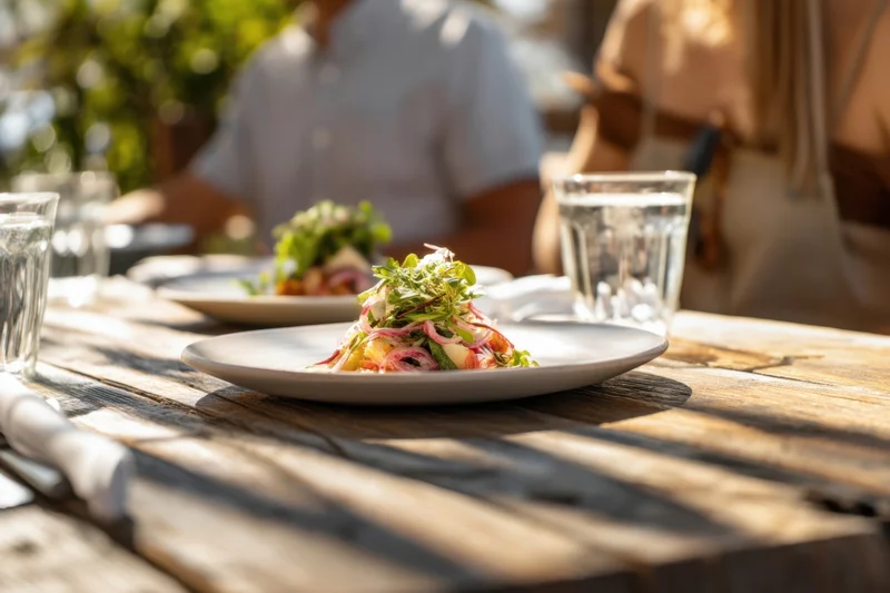 Salad served on a rustic wooden table outdoors with couple dining in background