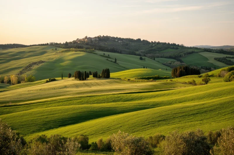 Rolling green hills and patchwork fields under golden sunlight in a rural valley