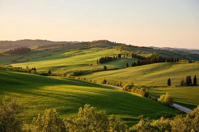 Sunlit rolling green hills and patchwork fields in rural landscape