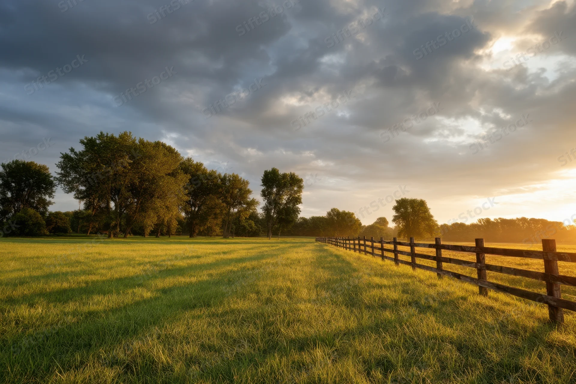Sunlit rural field at sunrise with a weathered wooden fence and trees in the distance