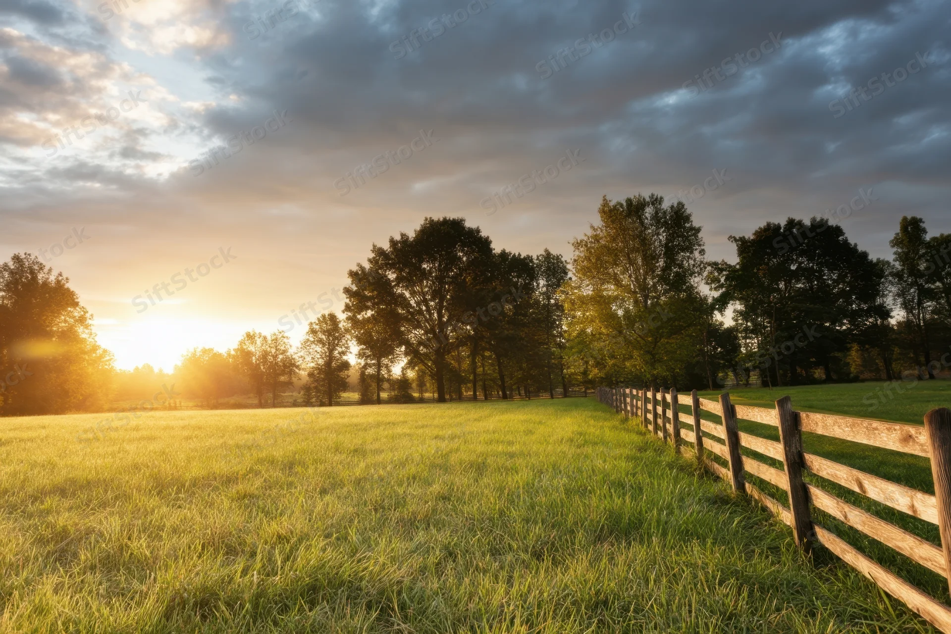 Sunlit rural field at sunrise with a weathered wooden fence running through green grass toward a line of trees under cloudy sky