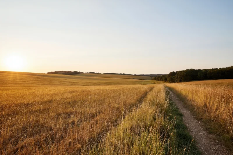 Narrow dirt path winding through golden fields at sunset in rural countryside