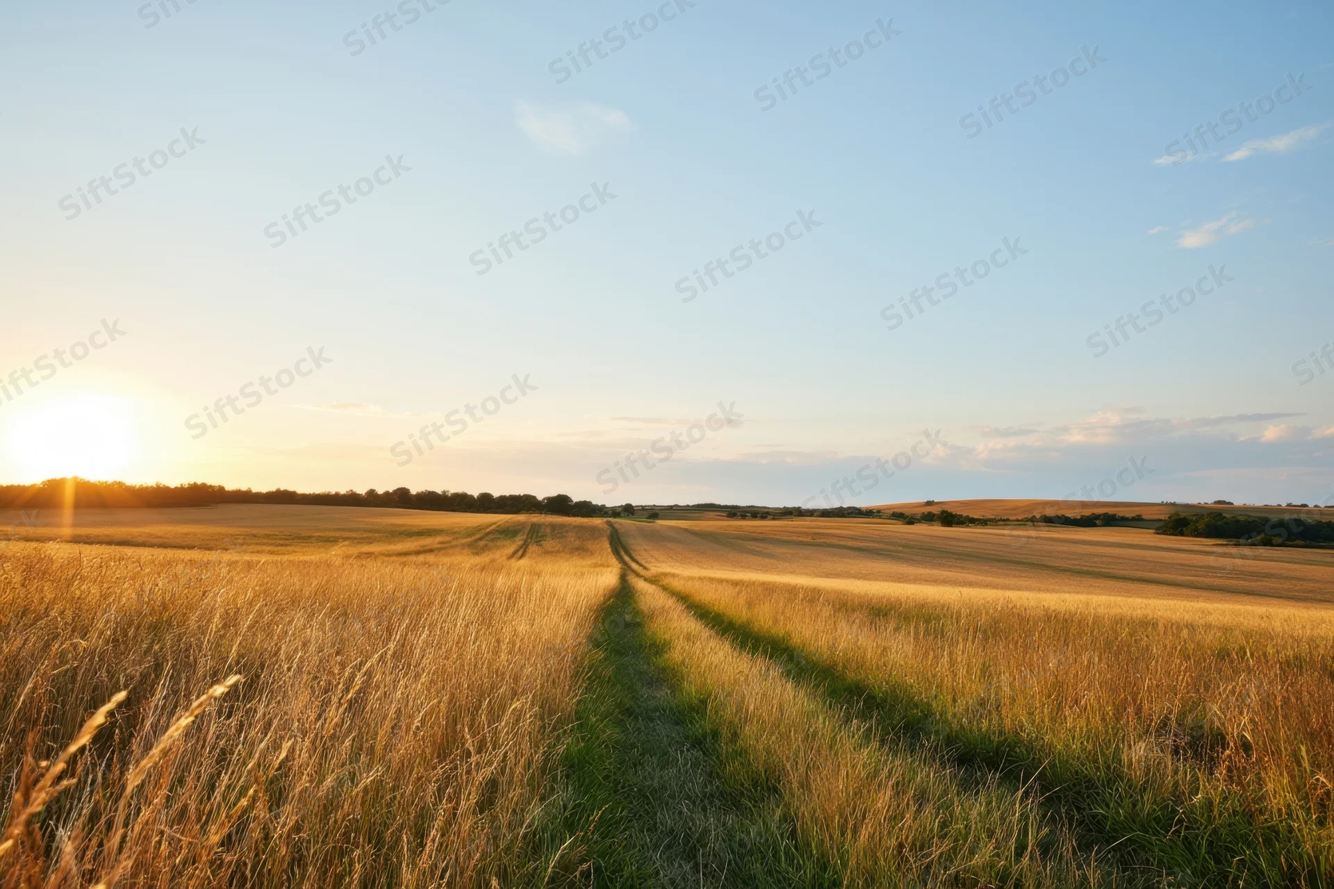 Narrow path through golden wheat fields at sunset in rural countryside