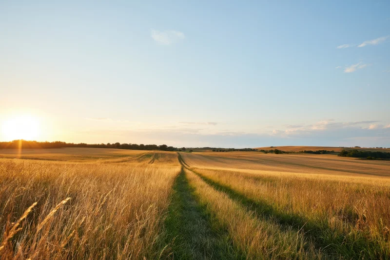 Narrow path through golden wheat fields at sunset in rural countryside