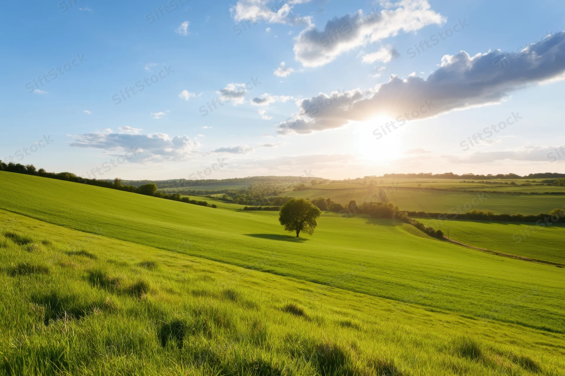 Sunlit rural landscape with rolling green fields and a lone tree under a blue sky with scattered clouds
