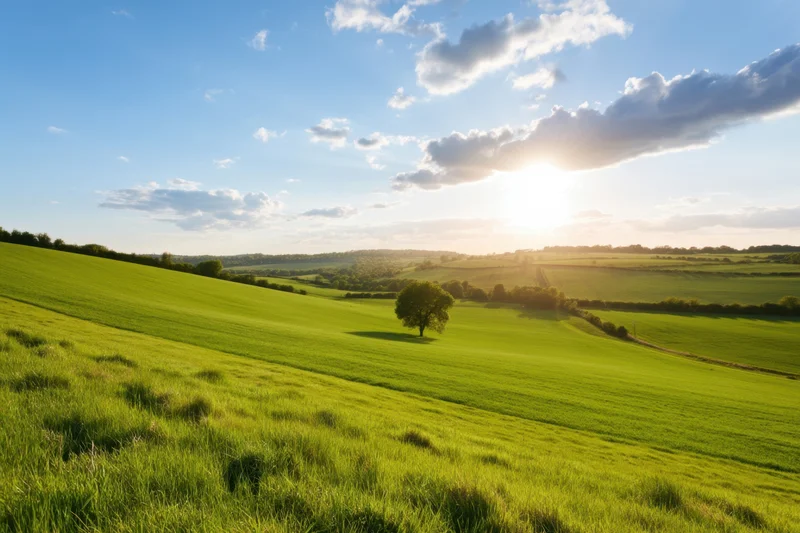 Sunlit rural landscape with rolling green fields and a lone tree under a blue sky with scattered clouds