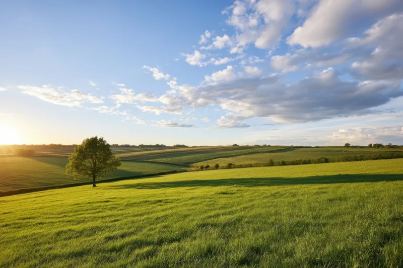 Sunlit rural landscape with rolling green fields and a lone tree under a blue sky with scattered clouds