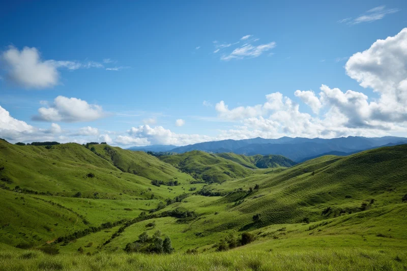 Rolling green hills in a sunlit valley under a bright blue sky with scattered clouds