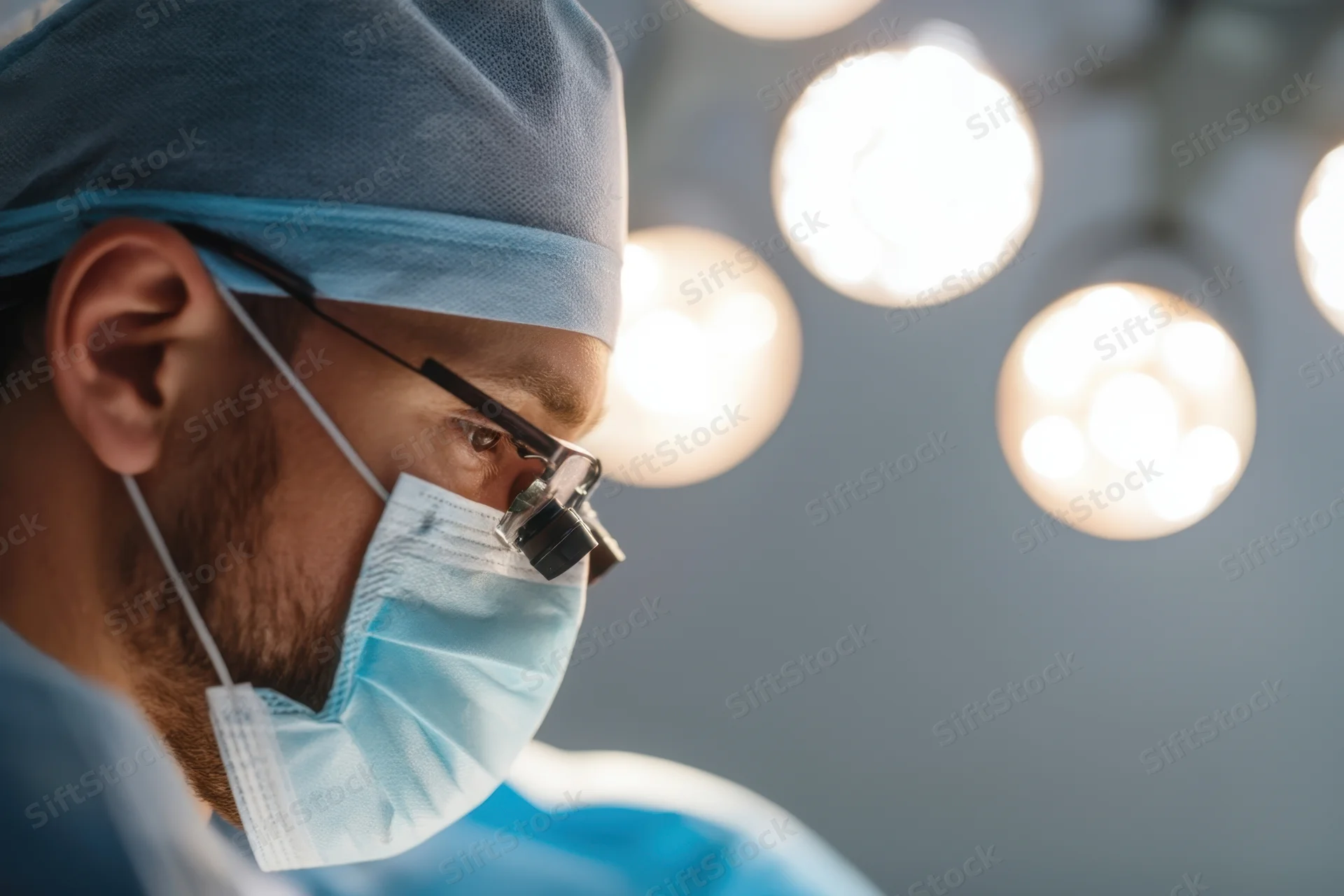 Surgeon in blue scrubs and mask concentrating under surgical lights in operating room