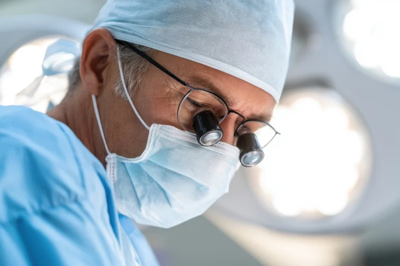 Surgeon concentrating during surgery in operating room wearing magnifying loupes and mask