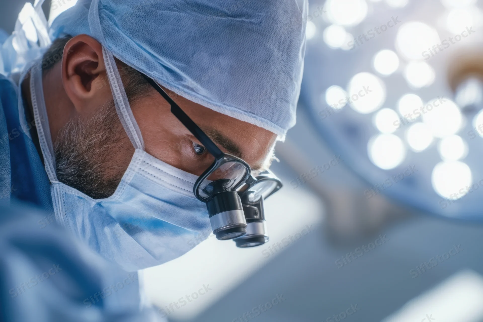 Surgeon concentrating during surgery in operating room wearing magnifying loupes and surgical mask