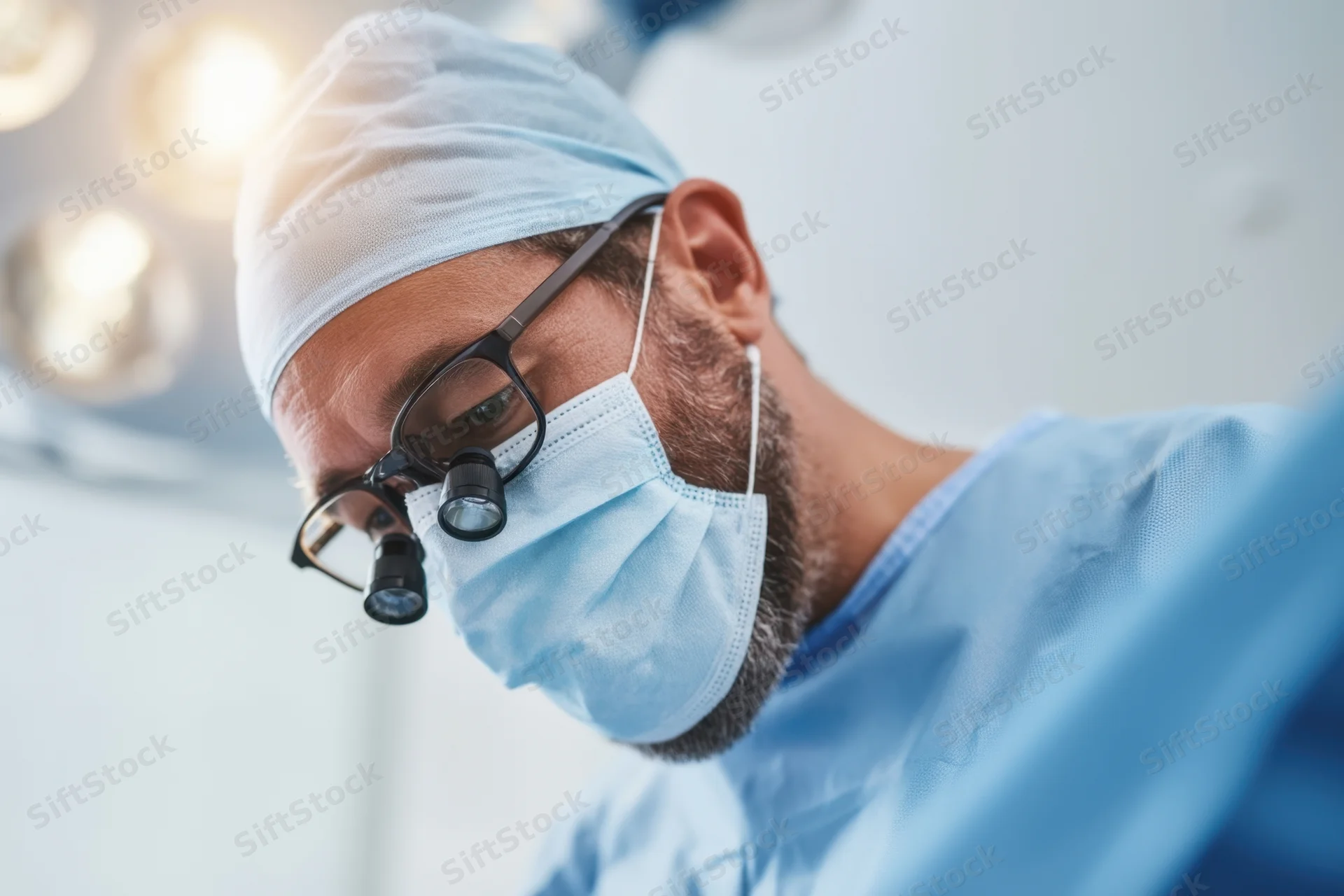 Surgeon concentrating during surgery in operating room wearing magnifying lenses and mask