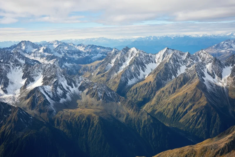 Sweeping alpine panorama with snow-capped peaks and forested valleys under a partly cloudy sky