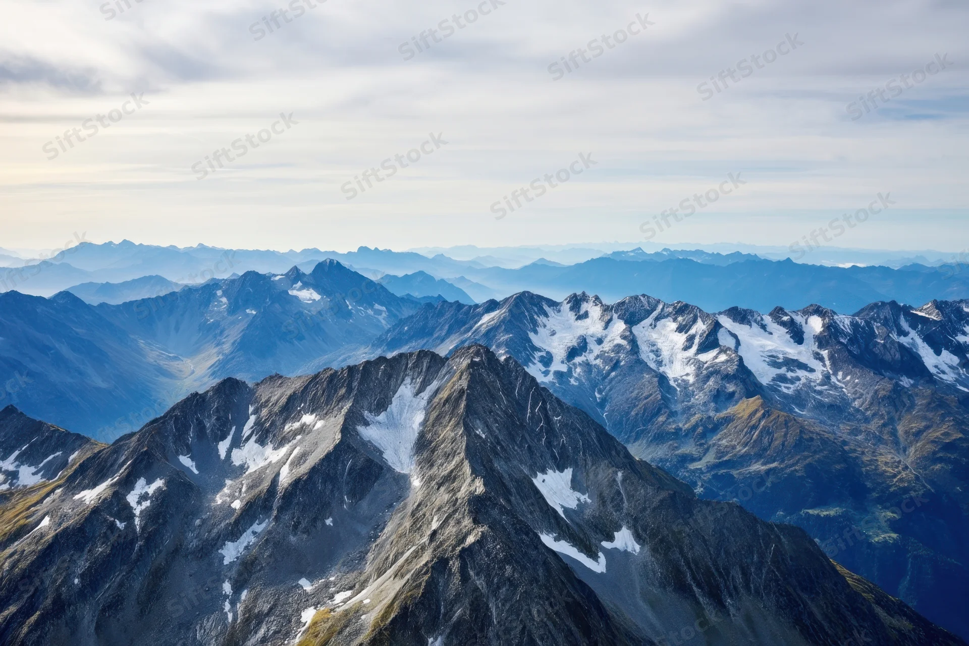 Sweeping alpine panorama with jagged snow-capped peaks and layered mountain ranges under a cloudy sky