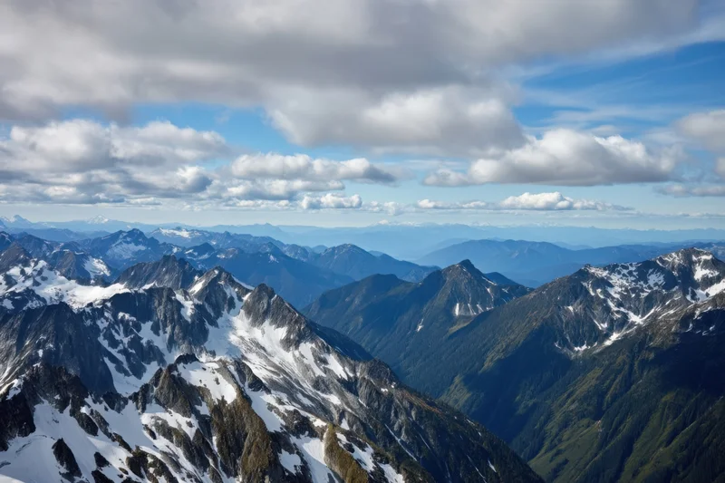 Sweeping alpine panorama with jagged snow-capped peaks and forested valleys under a partly cloudy sky
