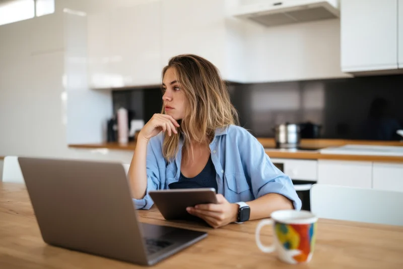 Woman sitting at wooden table in modern kitchen using laptop and tablet, looking thoughtful