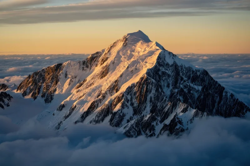 Snow-covered mountain peak rising above a sea of clouds at sunset