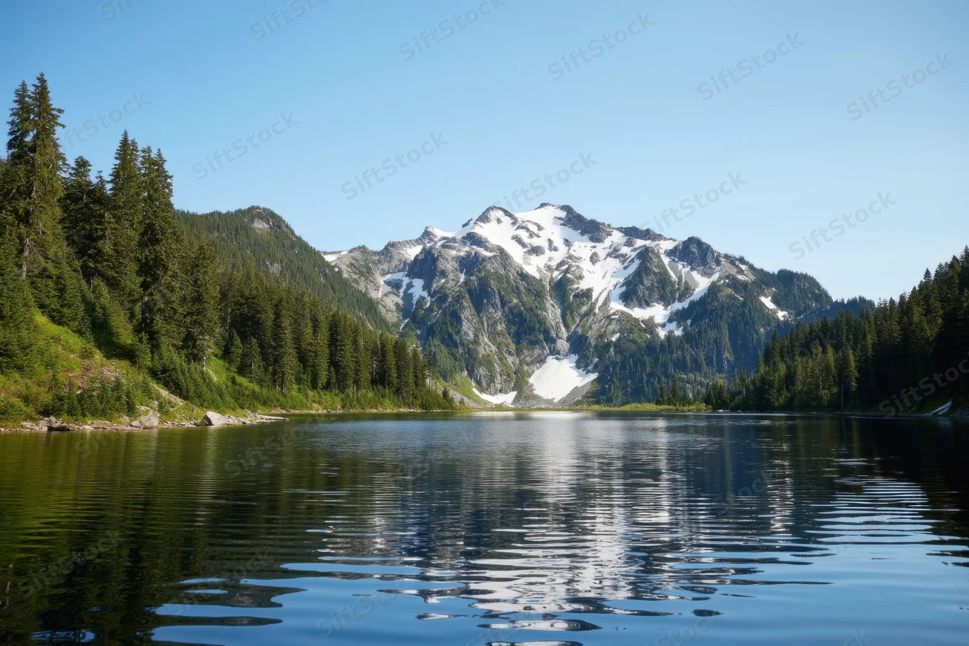 Alpine lake reflecting snow-capped mountain range surrounded by evergreen forest under clear blue sky