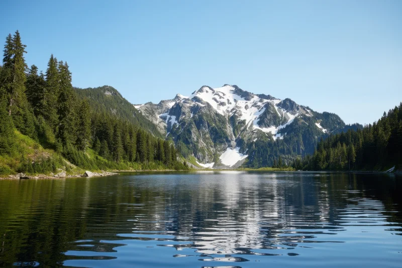 Alpine lake reflecting snow-capped mountain range surrounded by evergreen forest under clear blue sky