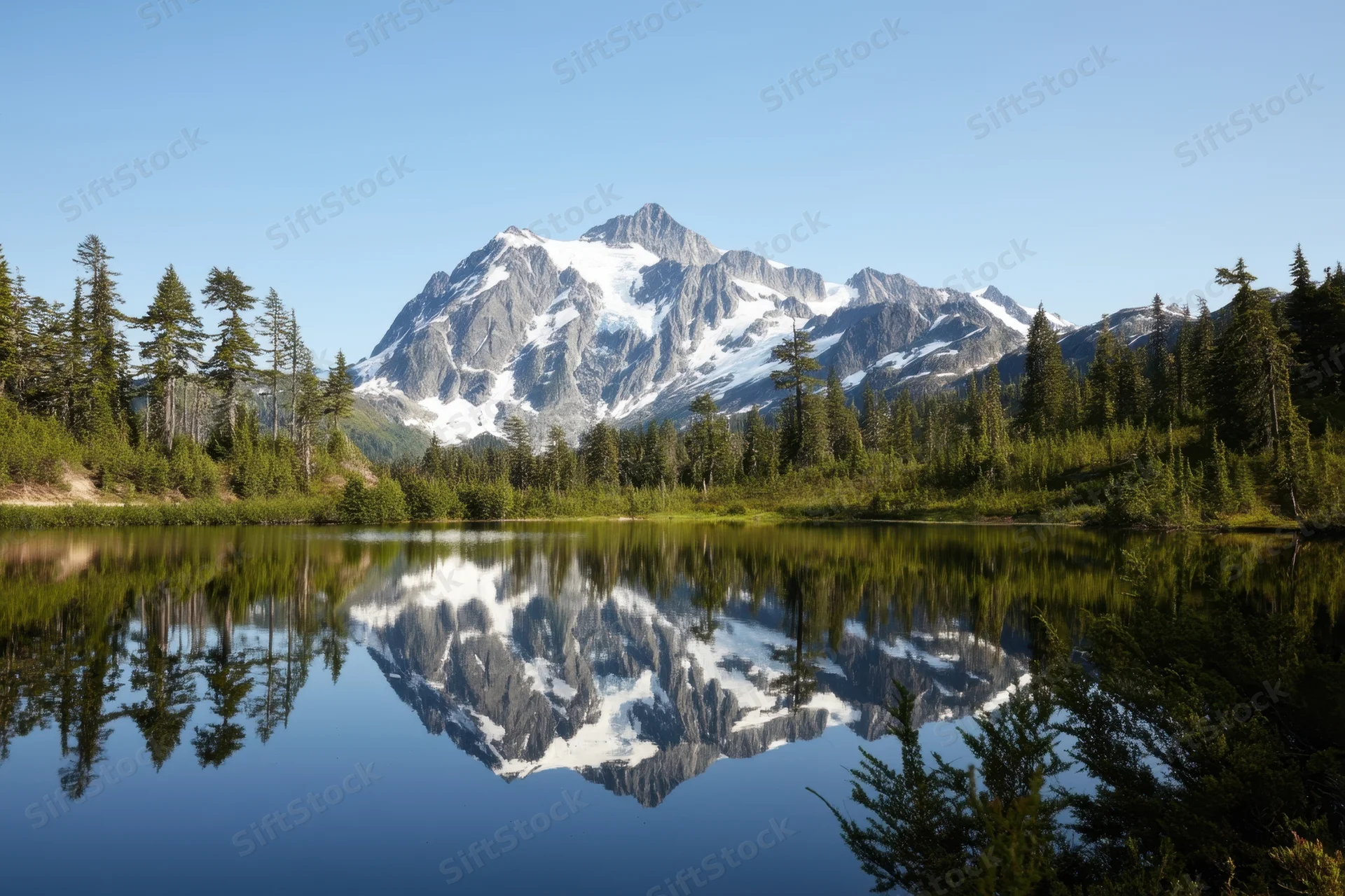 Snow-capped mountain reflected in calm alpine lake surrounded by evergreen forest