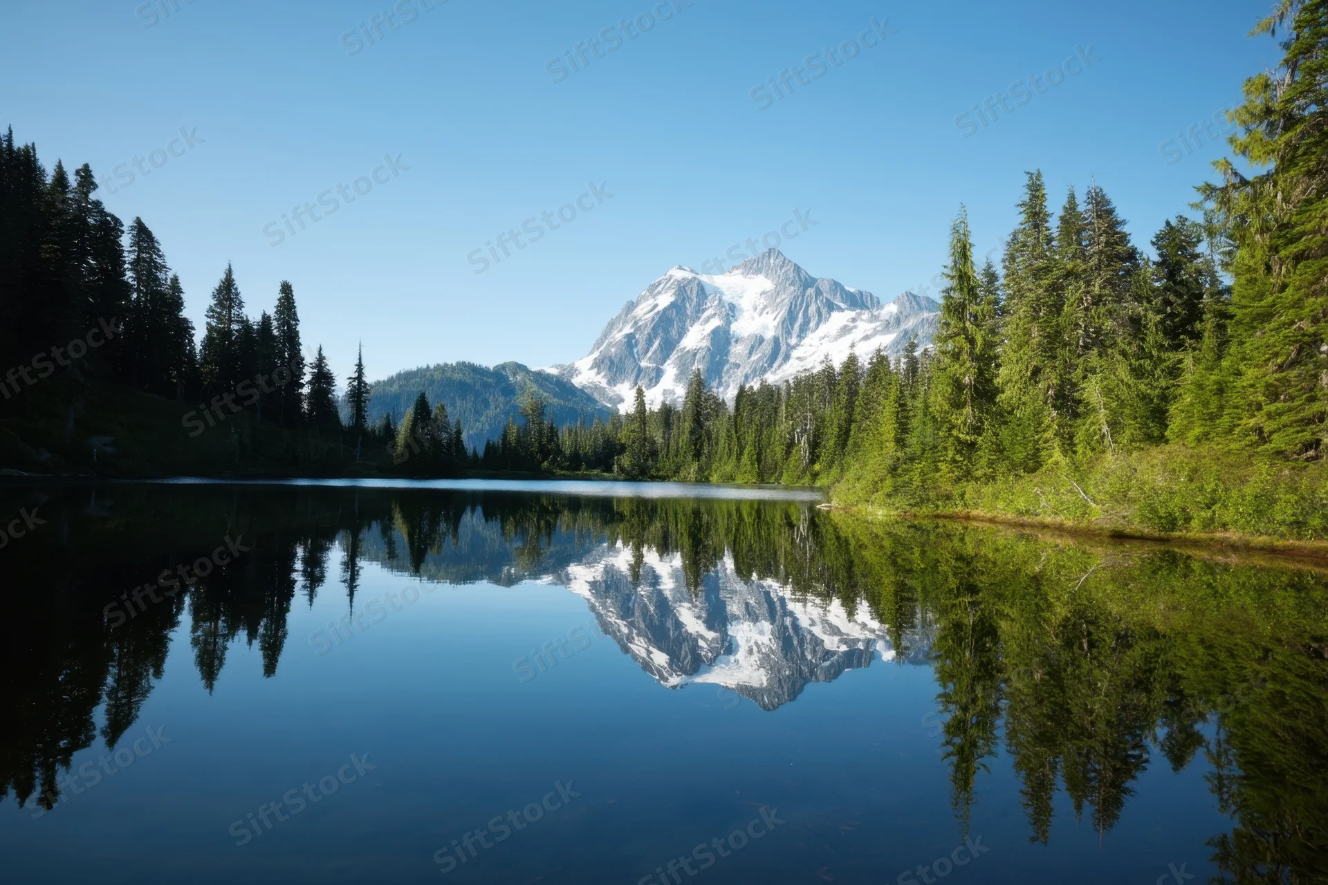 Snow-capped mountain reflected in calm alpine lake surrounded by evergreen forest