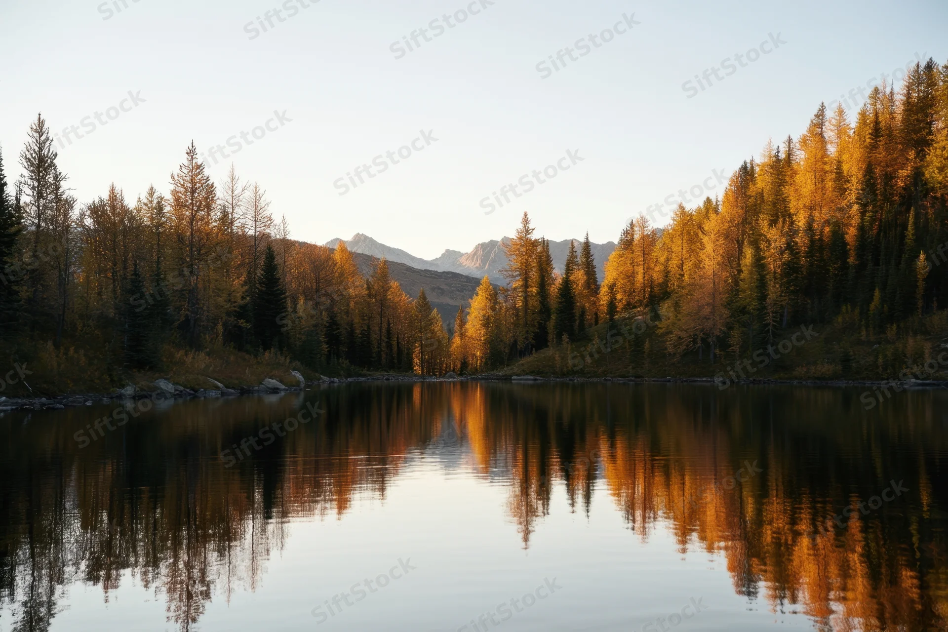Alpine lake reflecting golden autumn forest and mountains at dusk