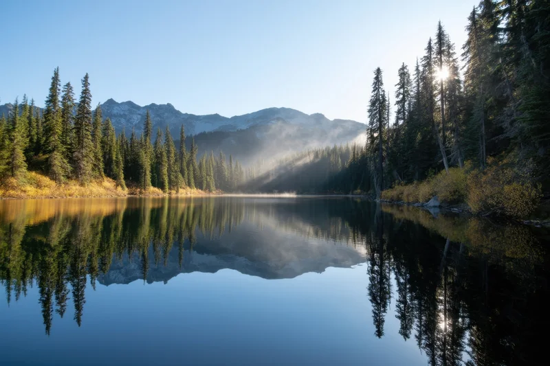 Calm alpine lake reflecting pine forest and mountains at dawn