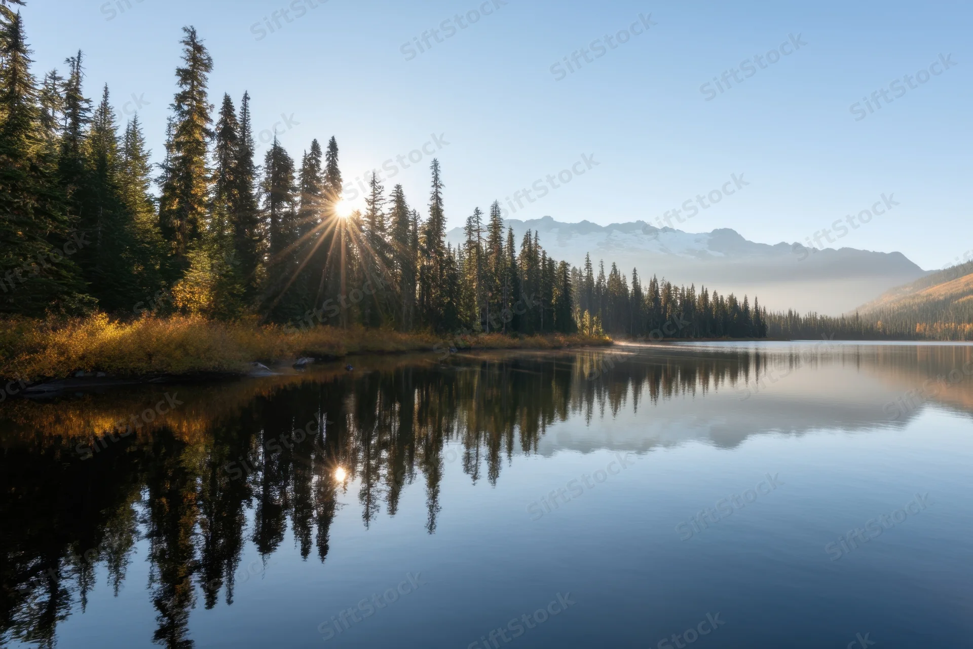 Alpine lake reflecting pine forest and snow-capped mountains at sunrise