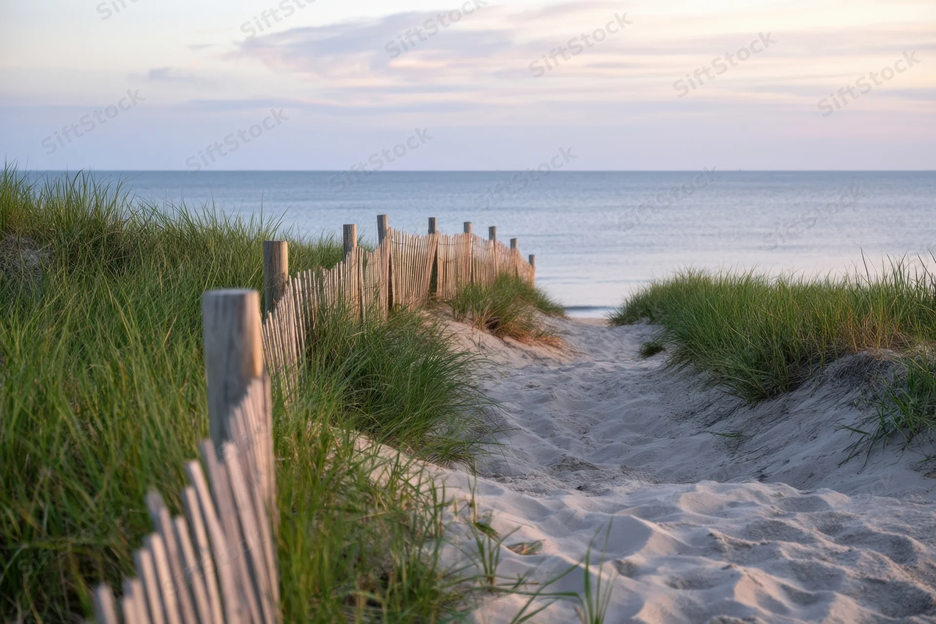 Sandy path through grassy dunes leading to calm ocean at twilight