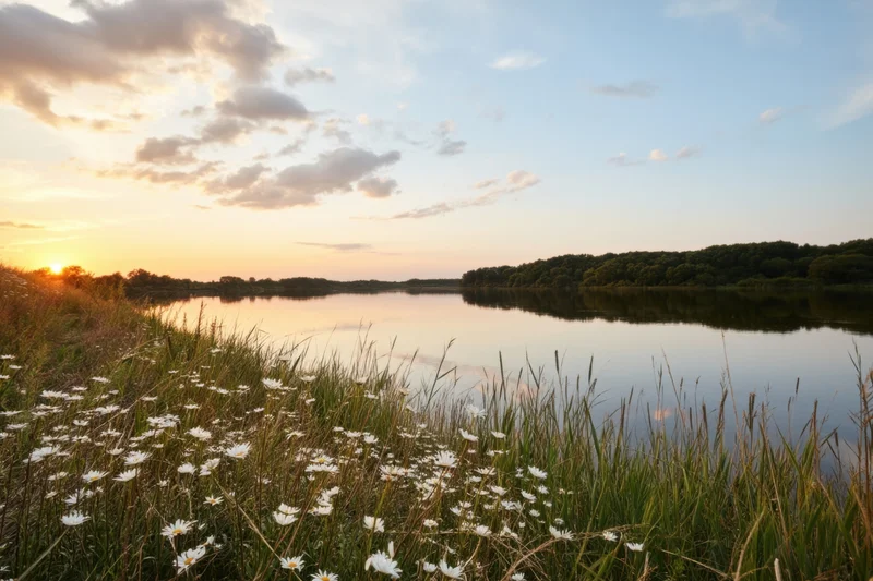 Sunset over a calm river reflecting the sky, bordered by a meadow with white daisies and tall grass