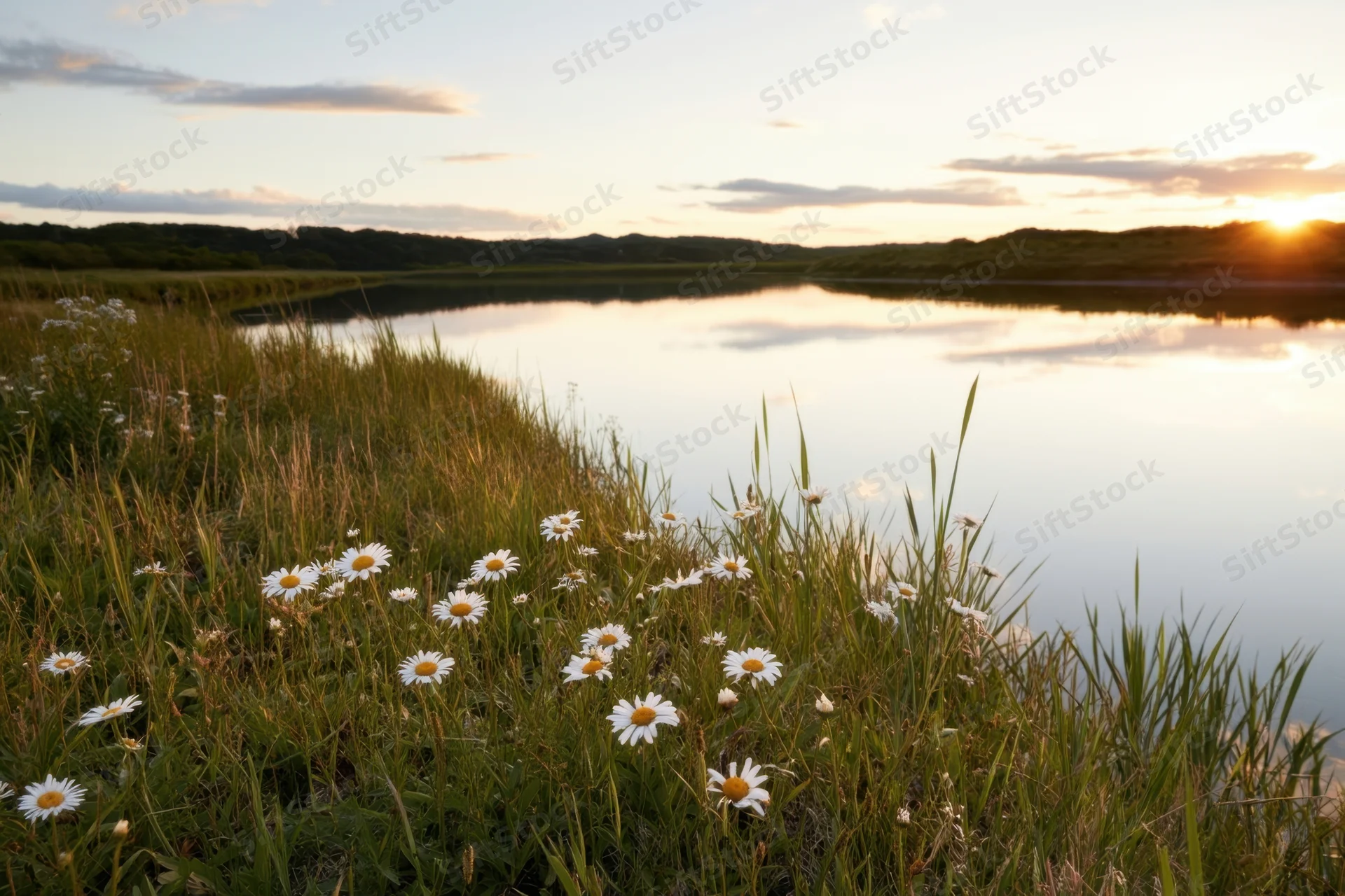 White daisies growing in a grassy meadow beside a calm river at sunset
