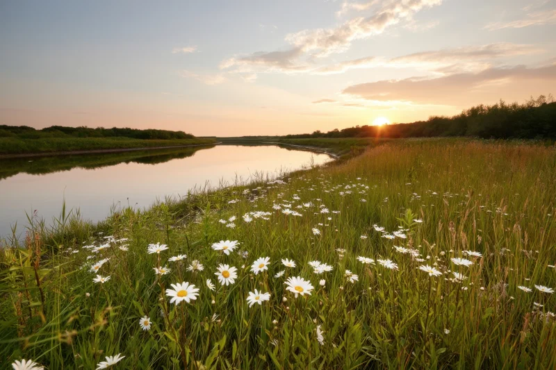 White daisies growing in a grassy meadow beside a calm river at sunset