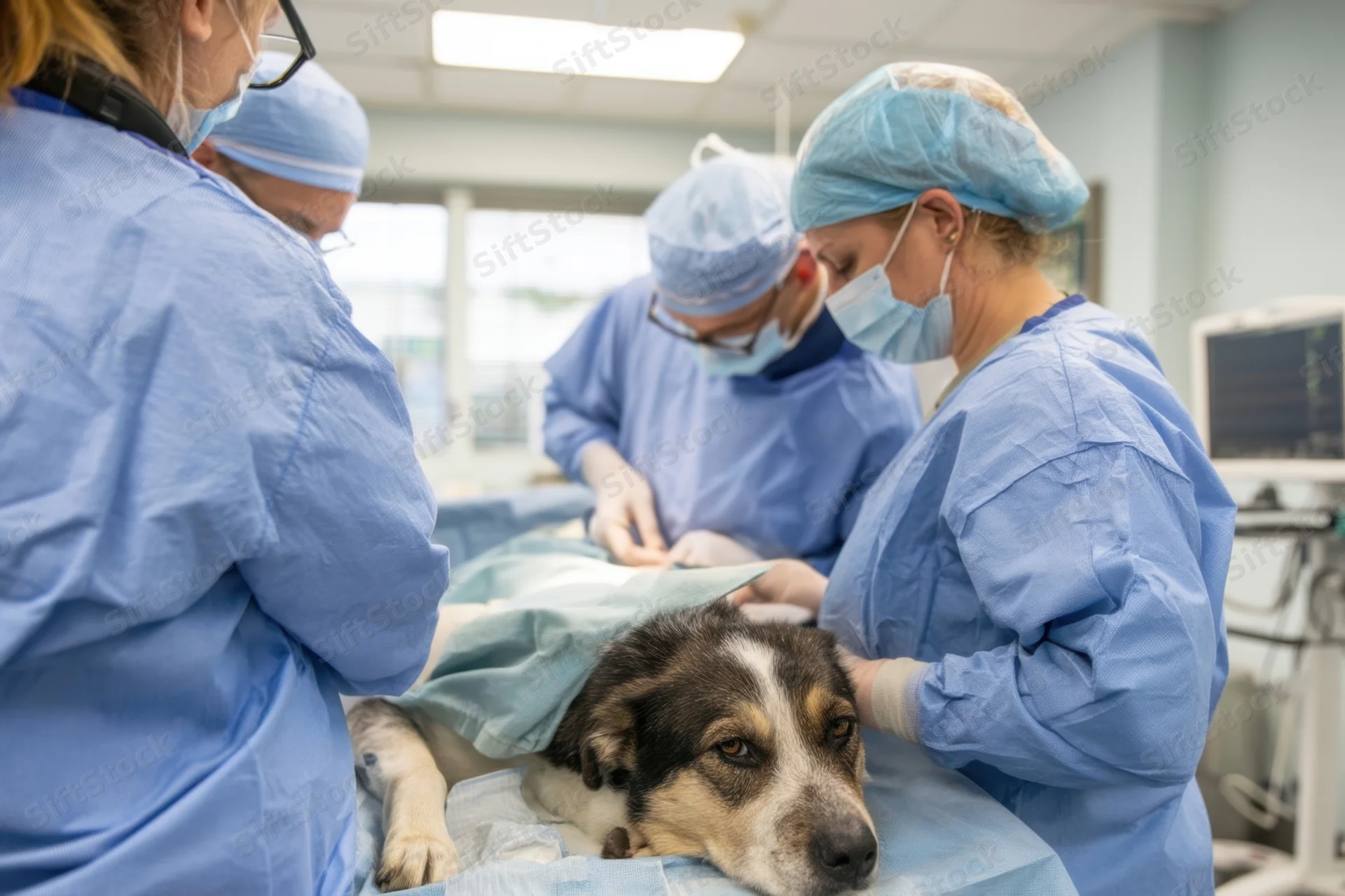Veterinary team performing surgery on a dog in an operating room